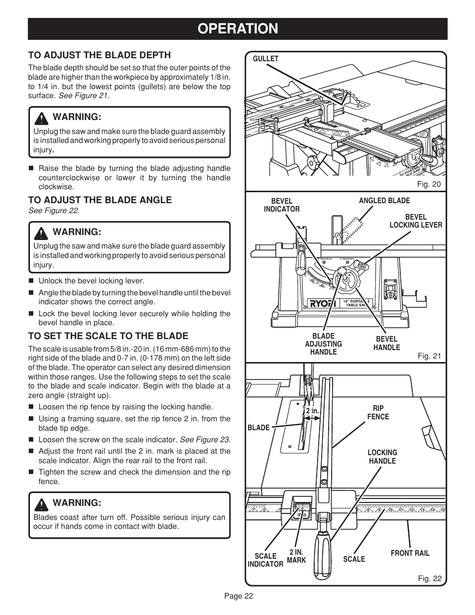 Operation, Warning | Ryobi BTS15 User Manual | Page 22 / 38