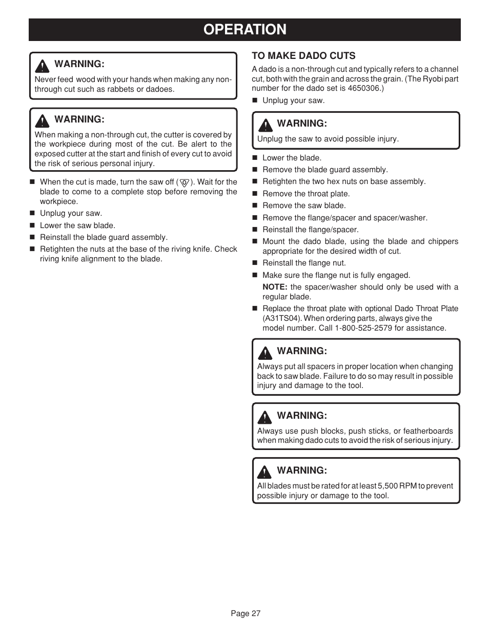Operation | Ryobi BTS15 User Manual | Page 27 / 38