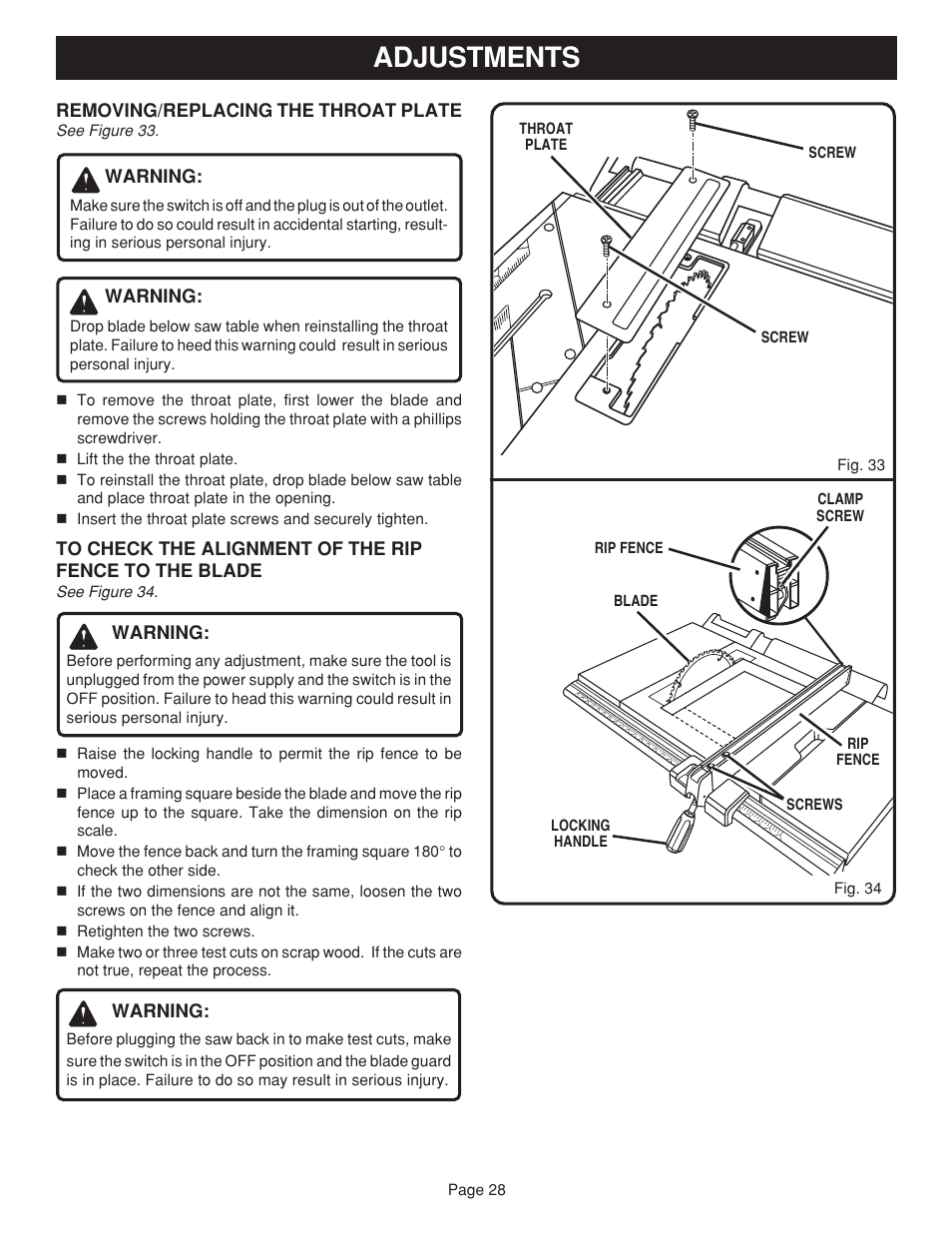 Adjustments | Ryobi BTS15 User Manual | Page 28 / 38