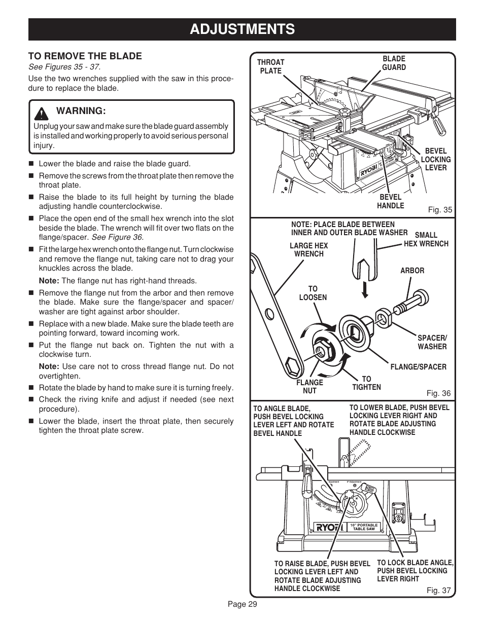 Adjustments | Ryobi BTS15 User Manual | Page 29 / 38