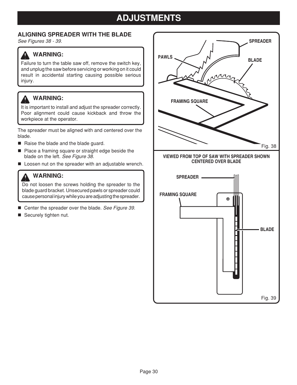 Adjustments | Ryobi BTS15 User Manual | Page 30 / 38