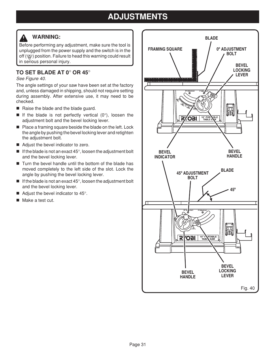 Adjustments | Ryobi BTS15 User Manual | Page 31 / 38