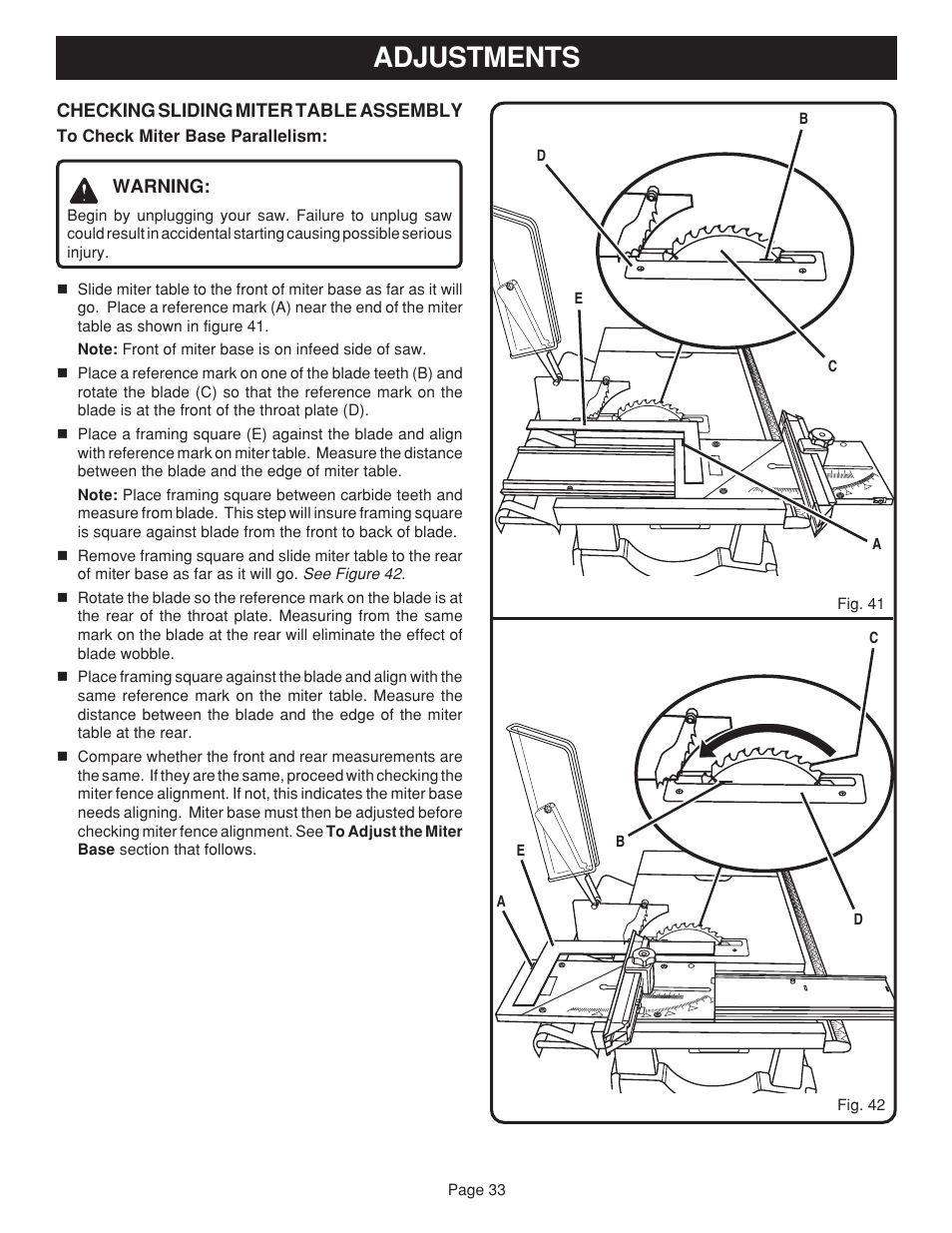 Adjustments | Ryobi BTS15 User Manual | Page 33 / 38