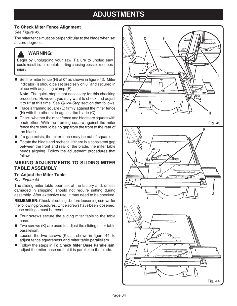 Adjustments | Ryobi BTS15 User Manual | Page 34 / 38