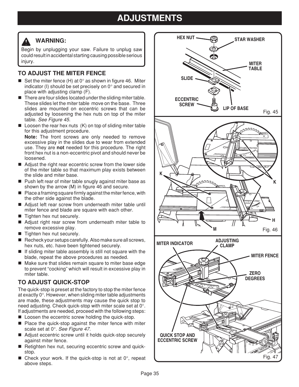 Adjustments | Ryobi BTS15 User Manual | Page 35 / 38