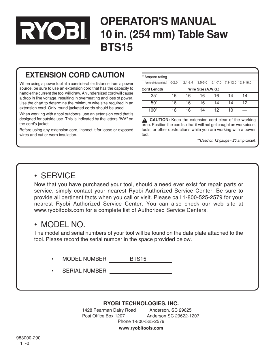 Service, Model no, Extension cord caution | Ryobi BTS15 User Manual | Page 38 / 38