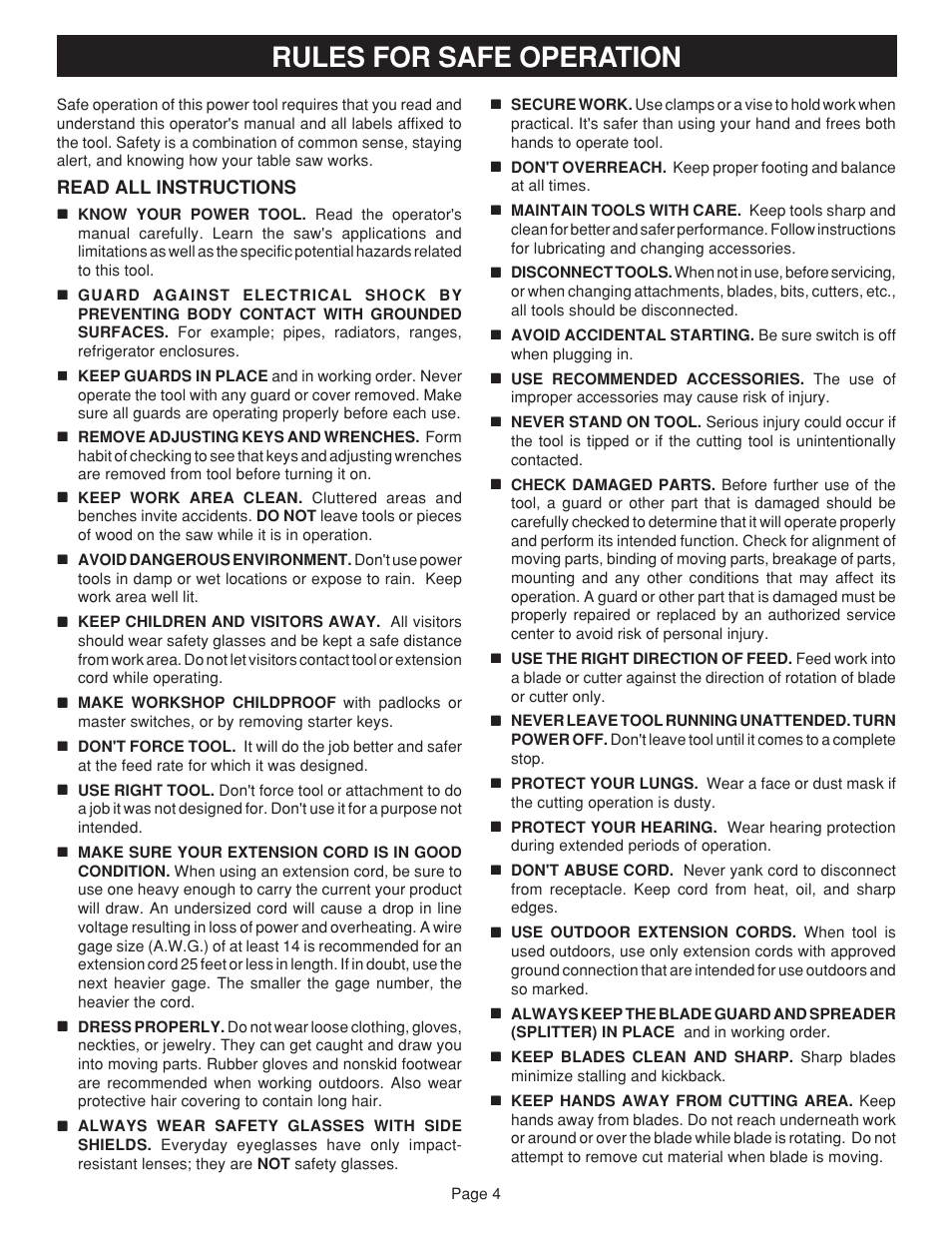 Rules for safe operation | Ryobi BTS15 User Manual | Page 4 / 38