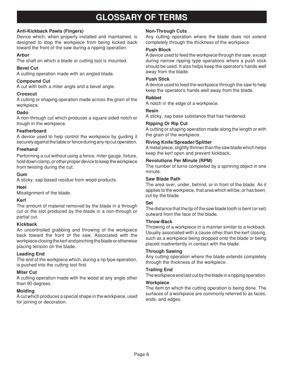 Glossary of terms | Ryobi BTS15 User Manual | Page 8 / 38