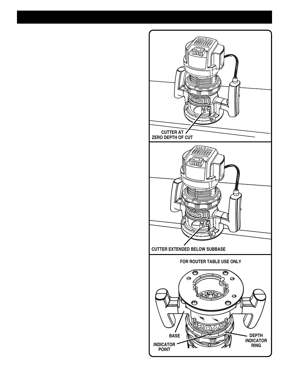 Adjustments, Depth of cut adjustments (continued), Variable speed control selector | Practice before actual use, Page 10, Fig. 8 fig. 9 cutter extended below subbase | Ryobi RE170VS User Manual | Page 10 / 23
