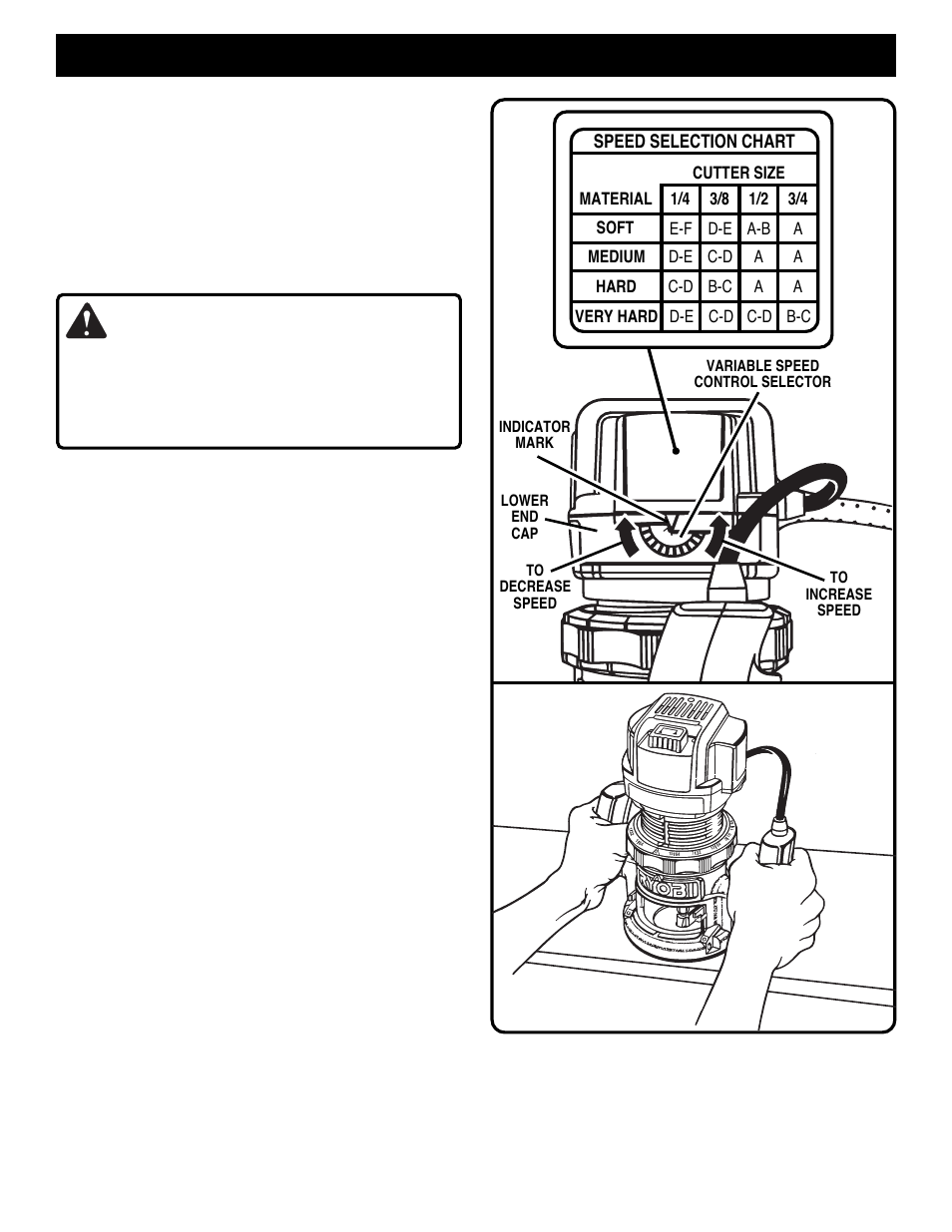 Warning, Operation, Routing | Feed direction, Rate of feed, Speed selection chart | Ryobi RE170VS User Manual | Page 11 / 23