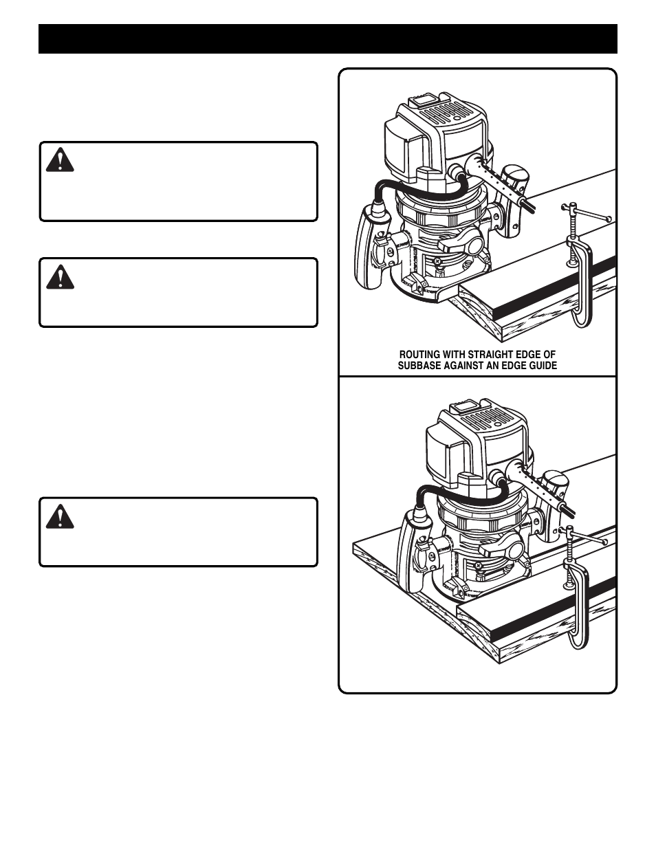 Operation, Warning, Edge routing | Routing with straight edge of subbase, Routing grooves, Page 15 | Ryobi RE170VS User Manual | Page 15 / 23