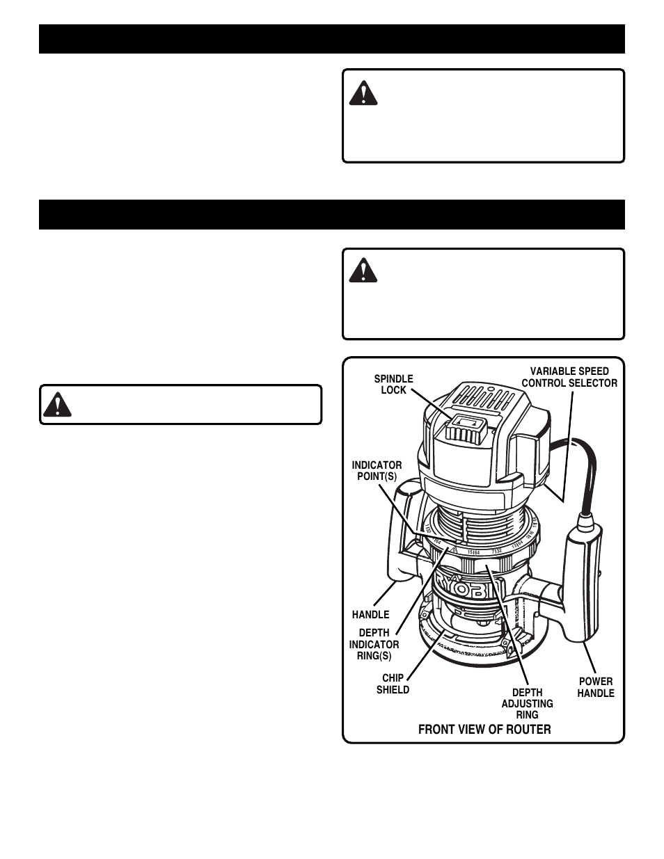 Unpacking, Features warning, Warning | Caution, Front view of router, Know your router, Heavy duty motor, Switch, Lock-on feature | Ryobi RE170VS User Manual | Page 6 / 23