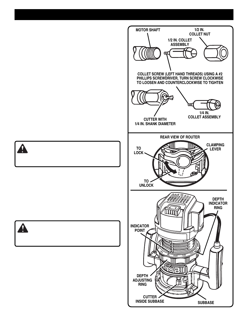 Adjustments, Warning, Installing/removing cutters (continued) | Depth of cut adjustments | Ryobi RE170VS User Manual | Page 9 / 23