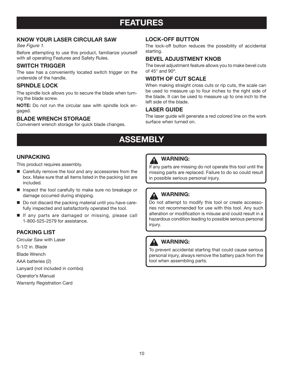 Features, Assembly | Ryobi P500 User Manual | Page 10 / 24