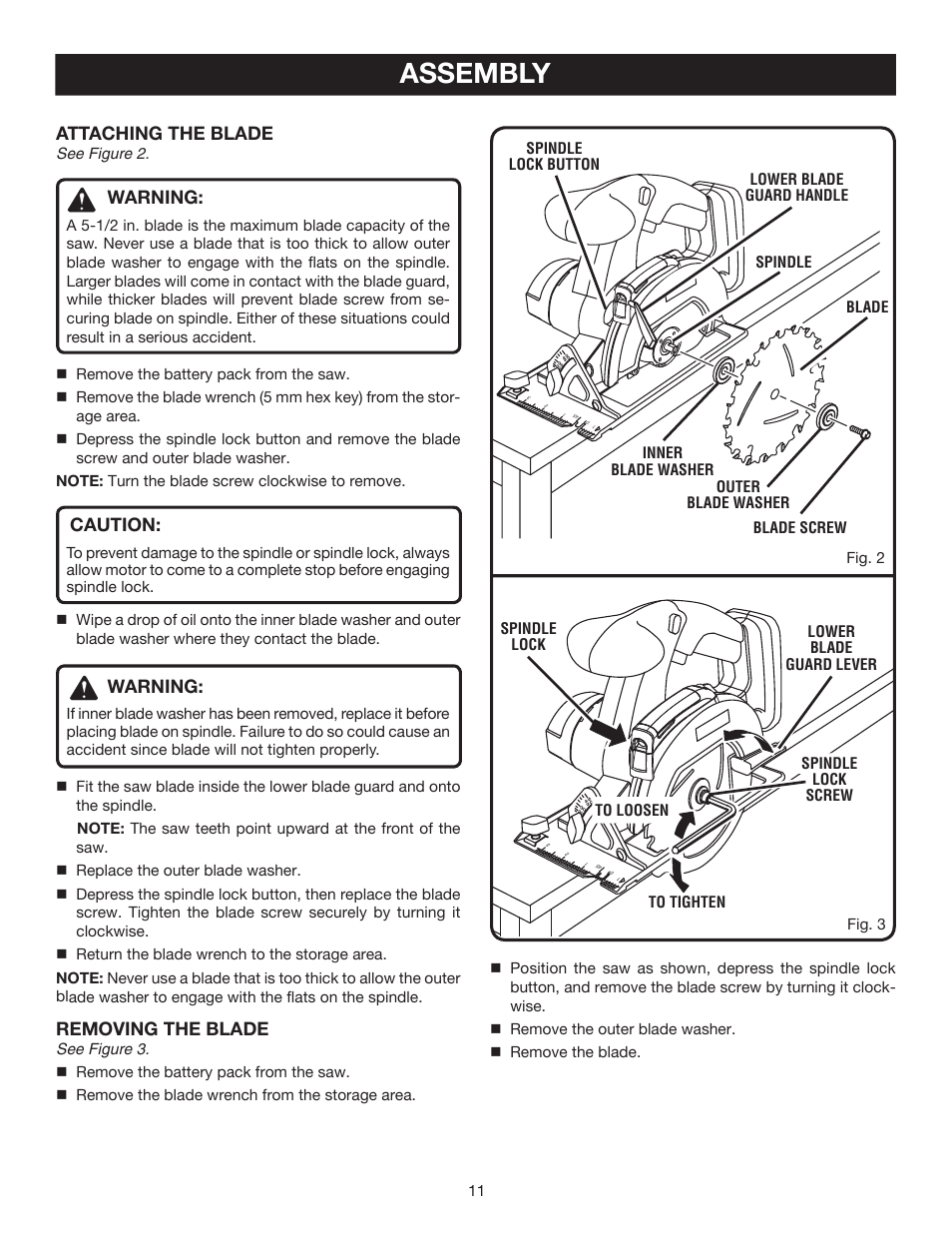 Assembly, Attaching the blade, Warning | Caution, Removing the blade, See figure 2 | Ryobi P500 User Manual | Page 11 / 24