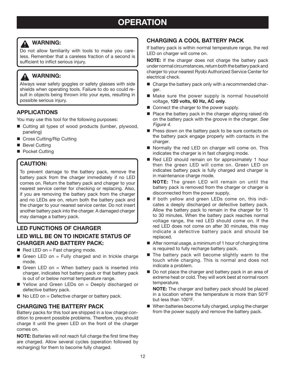 Operation | Ryobi P500 User Manual | Page 12 / 24