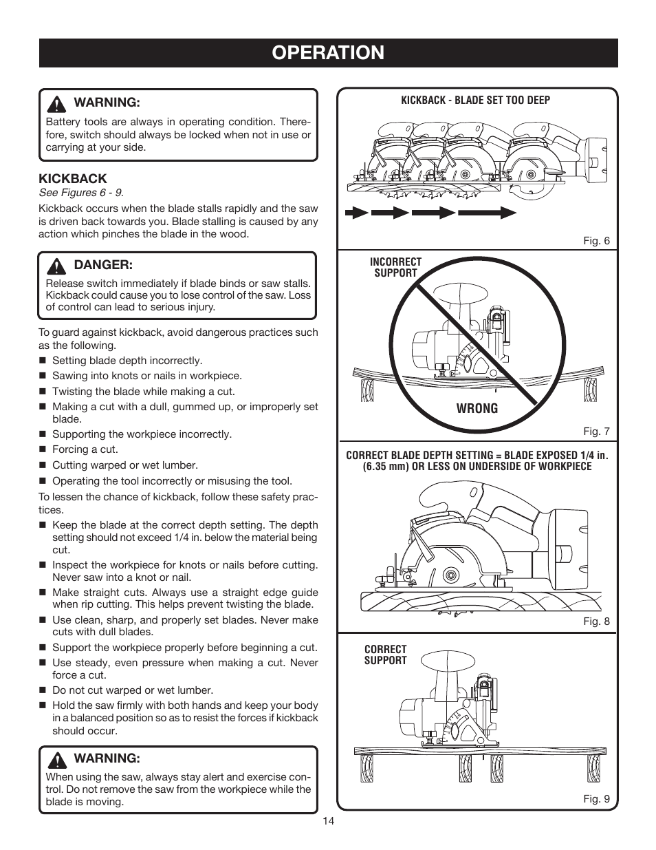 Operation, Warning, Kickback | Danger, Wrong | Ryobi P500 User Manual | Page 14 / 24