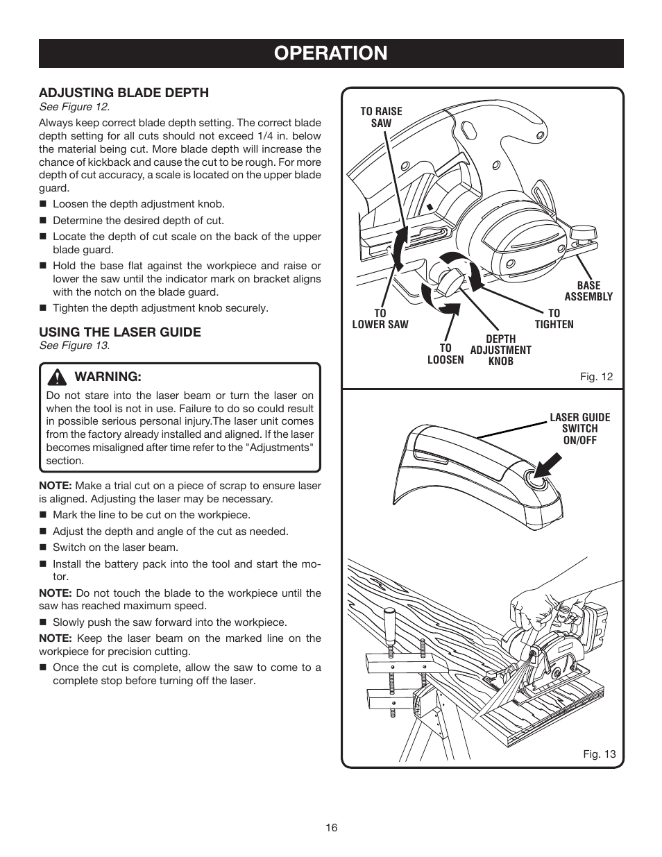 Operation, Adjusting blade depth, Using the laser guide | Warning | Ryobi P500 User Manual | Page 16 / 24