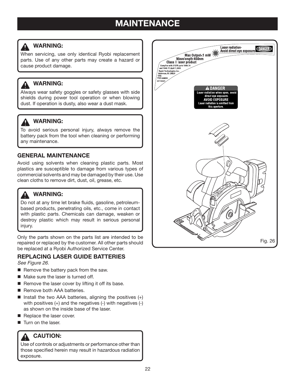 Maintenance | Ryobi P500 User Manual | Page 22 / 24