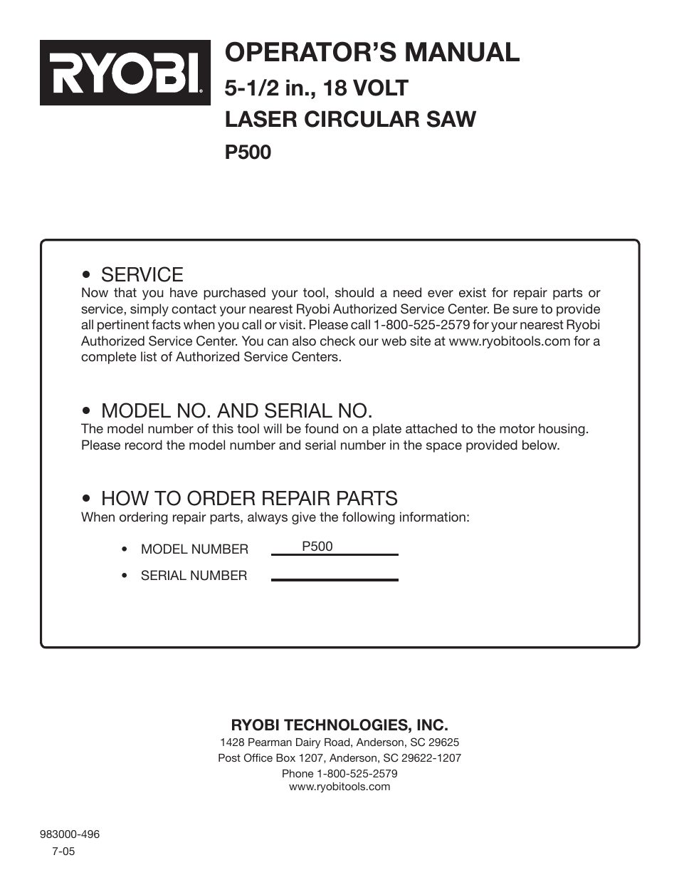 Operator’s manual, 1/2 in., 18 volt laser circular saw, Service | Model no. and serial no, How to order repair parts, P500 | Ryobi P500 User Manual | Page 24 / 24