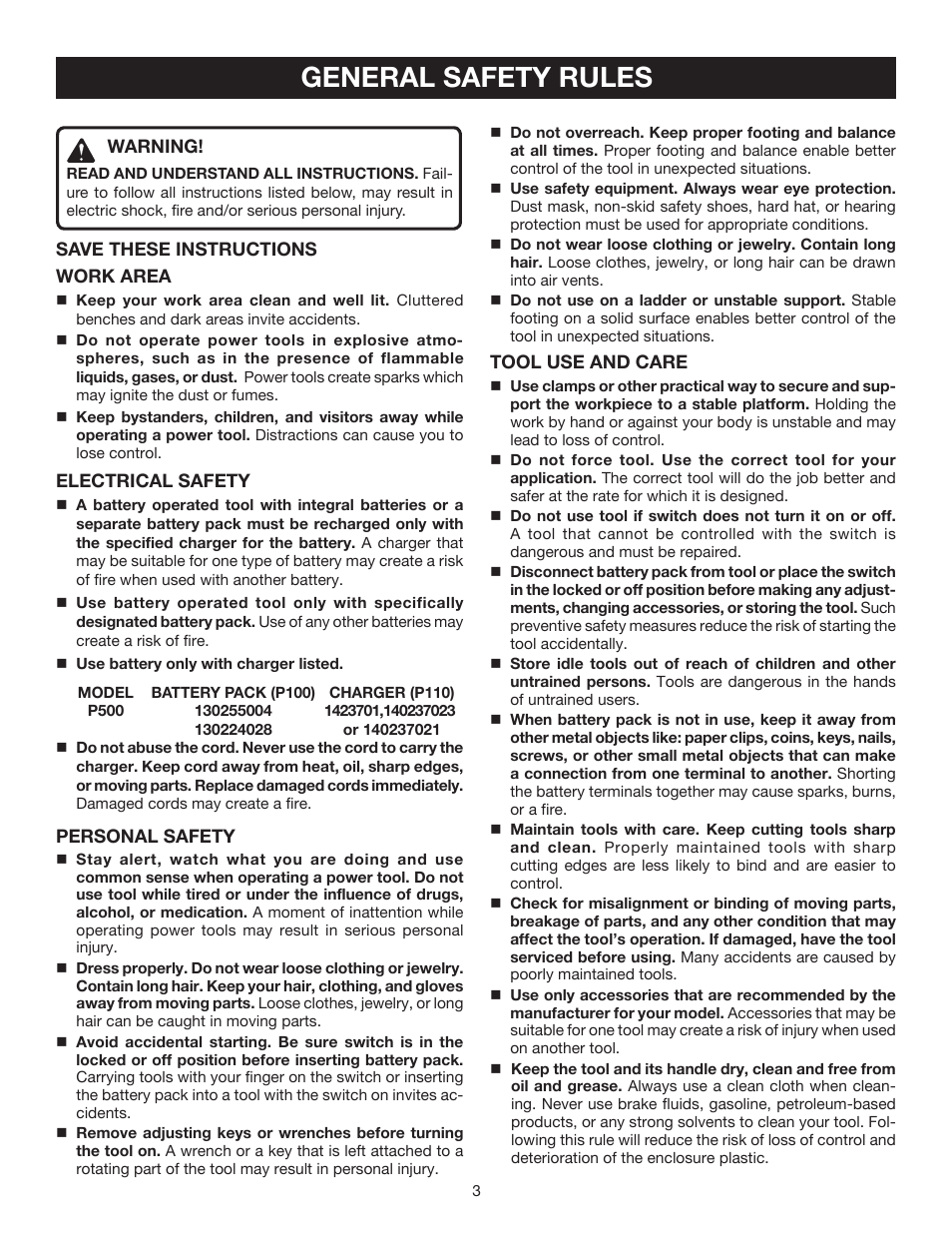 General safety rules | Ryobi P500 User Manual | Page 3 / 24