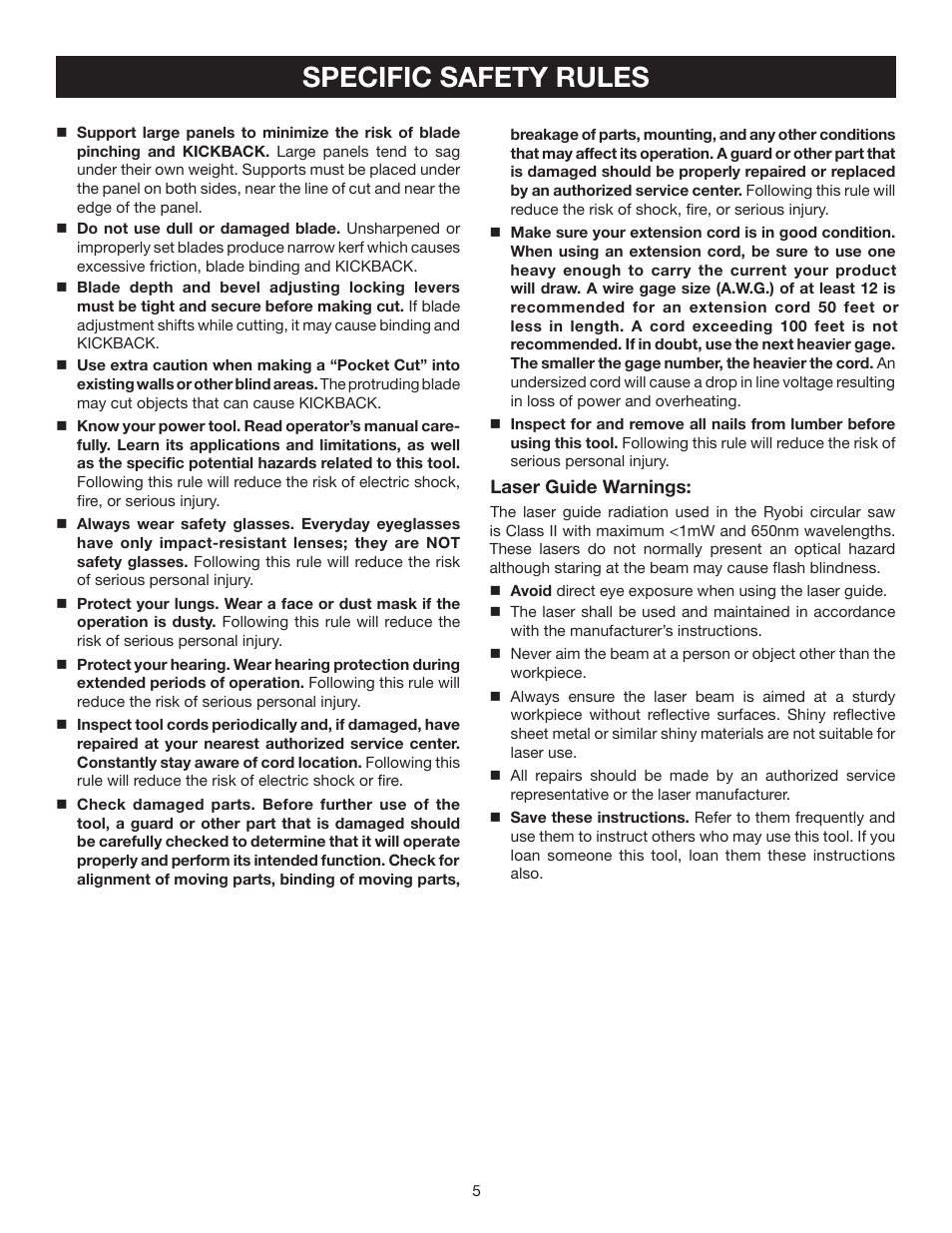 Specific safety rules | Ryobi P500 User Manual | Page 5 / 24