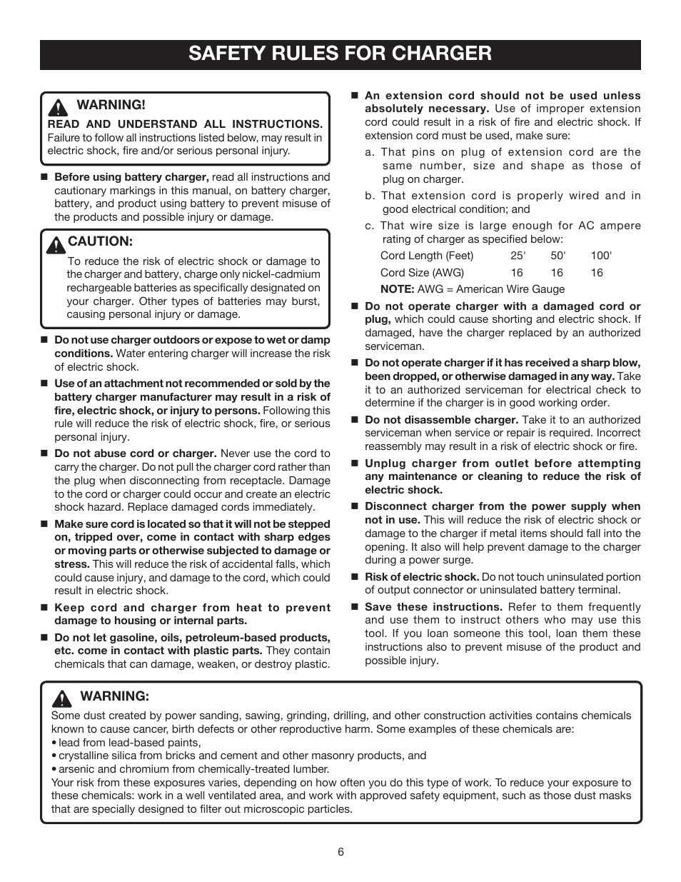 Safety rules for charger | Ryobi P500 User Manual | Page 6 / 24