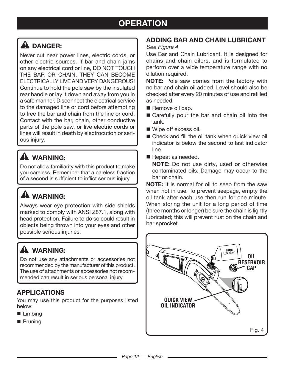 Operation | Ryobi RY43160 User Manual | Page 12 / 22