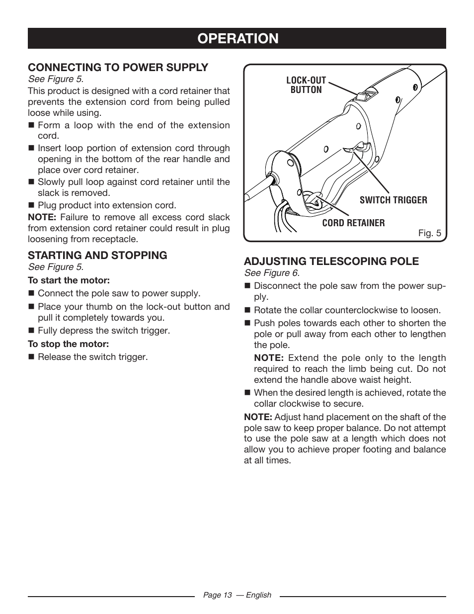 Operation | Ryobi RY43160 User Manual | Page 13 / 22