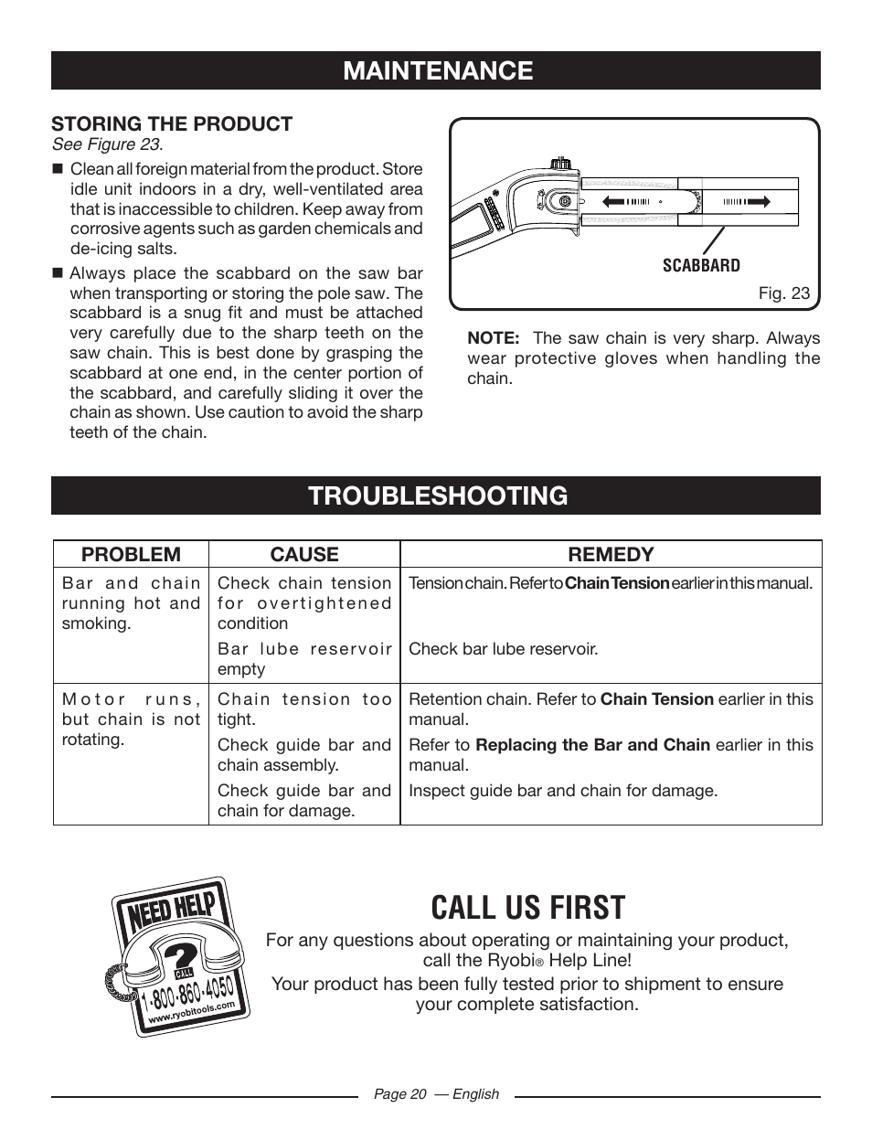 Call us first, Maintenance troubleshooting | Ryobi RY43160 User Manual | Page 20 / 22