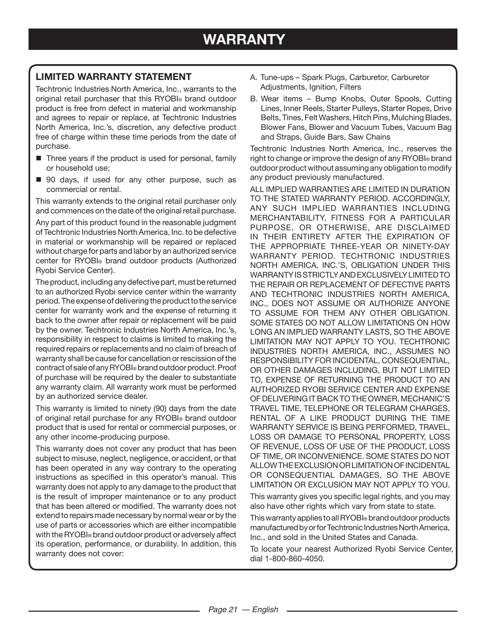 Warranty, Limited warranty statement | Ryobi RY43160 User Manual | Page 21 / 22