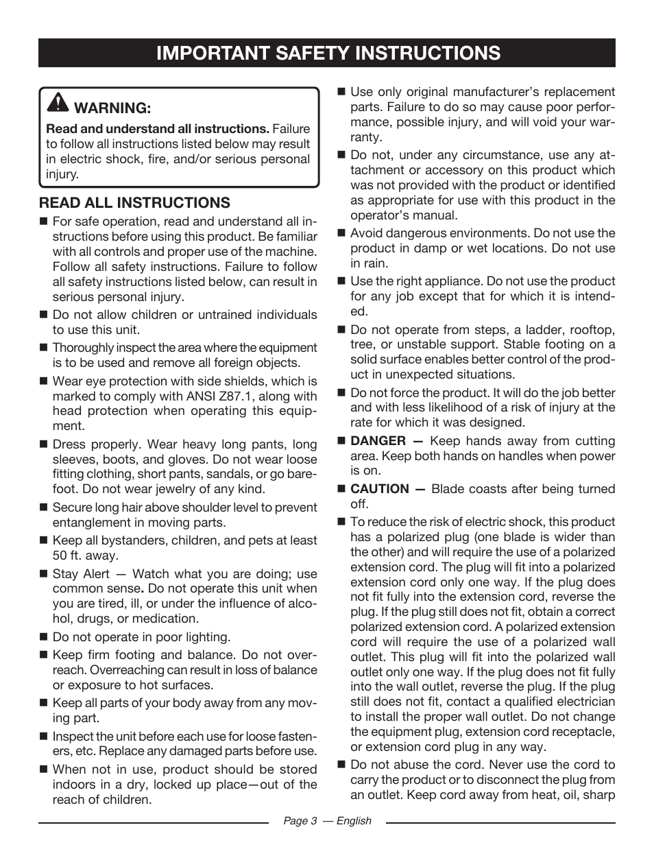 Important safety instructions | Ryobi RY43160 User Manual | Page 3 / 22