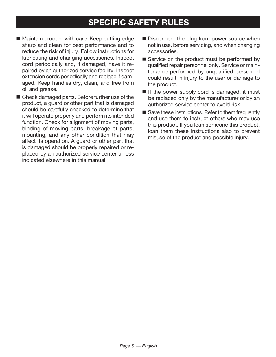 Specific safety rules | Ryobi RY43160 User Manual | Page 5 / 22