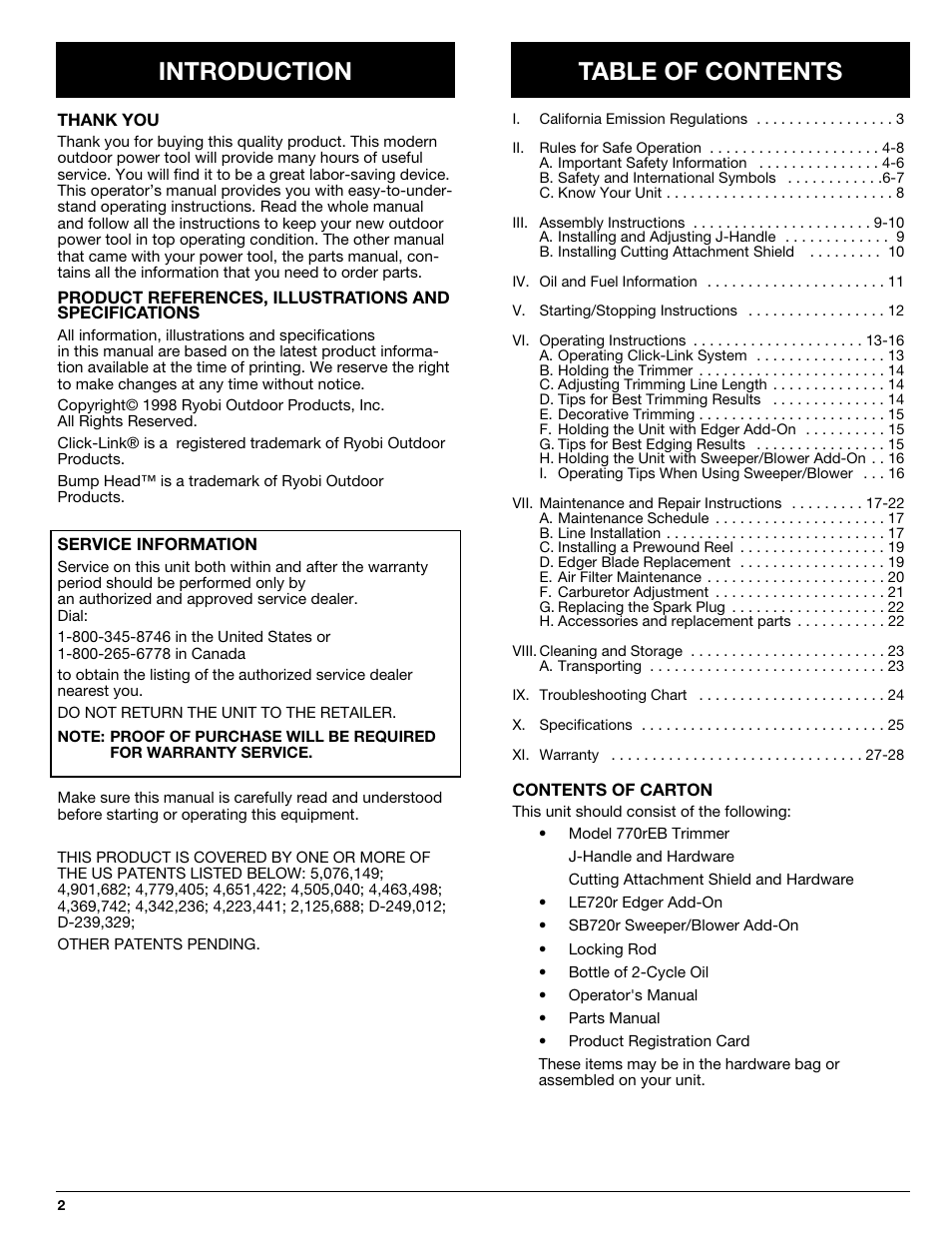 Introduction table of contents | Ryobi 770rEB User Manual | Page 2 / 28