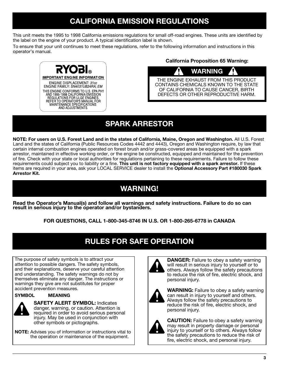 California emission regulations, Spark arrestor warning! rules for safe operation, Warning | Ryobi 770rEB User Manual | Page 3 / 28