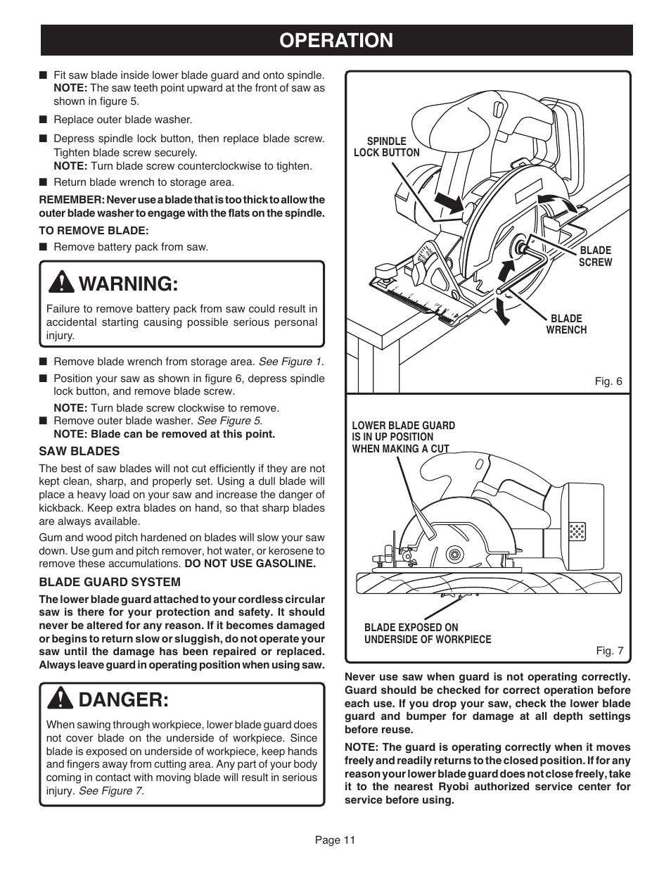 Warning, Danger, Operation | Saw blades, Blade guard system | Ryobi R10633 User Manual | Page 11 / 20