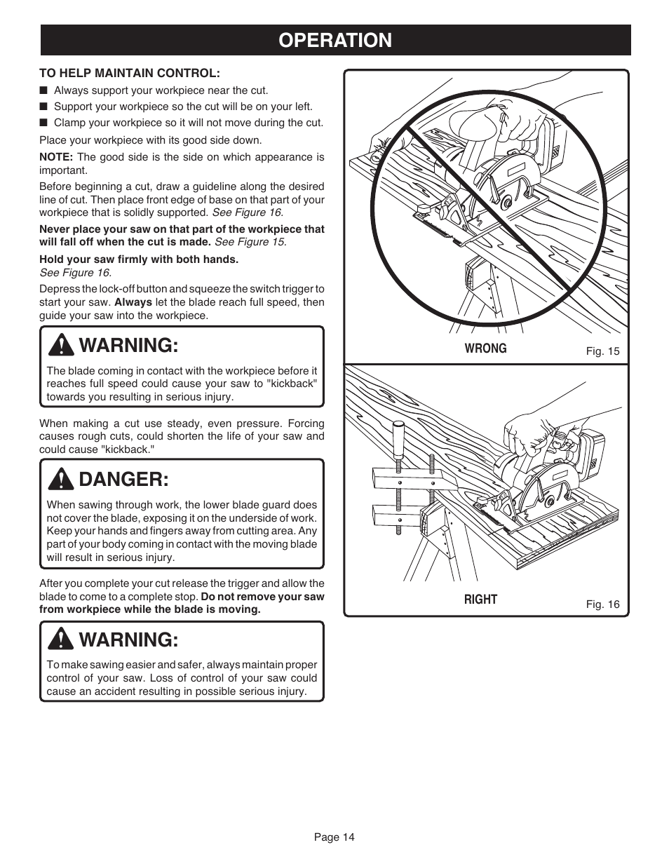 Warning, Danger, Operation | Right, Wrong, Page 14, Fig. 16 fig. 15 | Ryobi R10633 User Manual | Page 14 / 20