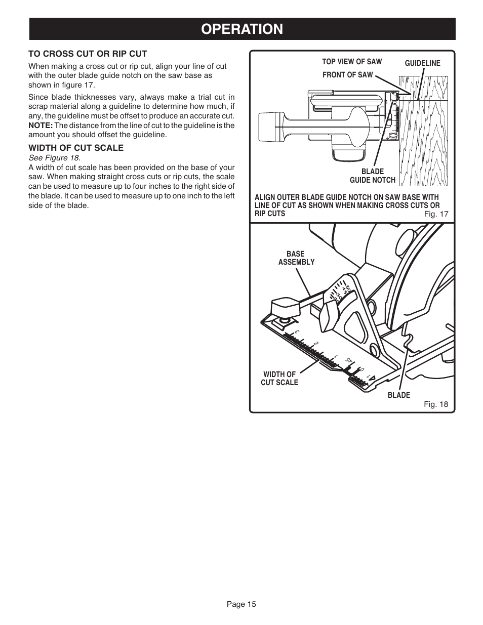 Operation, Width of cut scale | Ryobi R10633 User Manual | Page 15 / 20