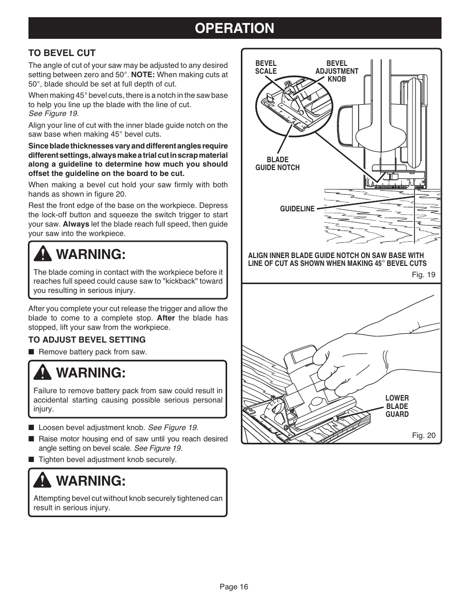 Warning, Operation, Page 16 | Remove battery pack from saw | Ryobi R10633 User Manual | Page 16 / 20