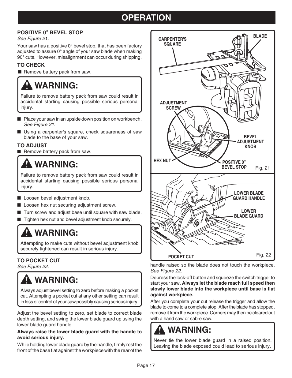Warning, Operation, Positive 0 | Bevel stop | Ryobi R10633 User Manual | Page 17 / 20
