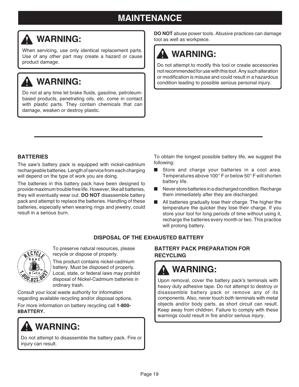 Warning, Maintenance | Ryobi R10633 User Manual | Page 19 / 20