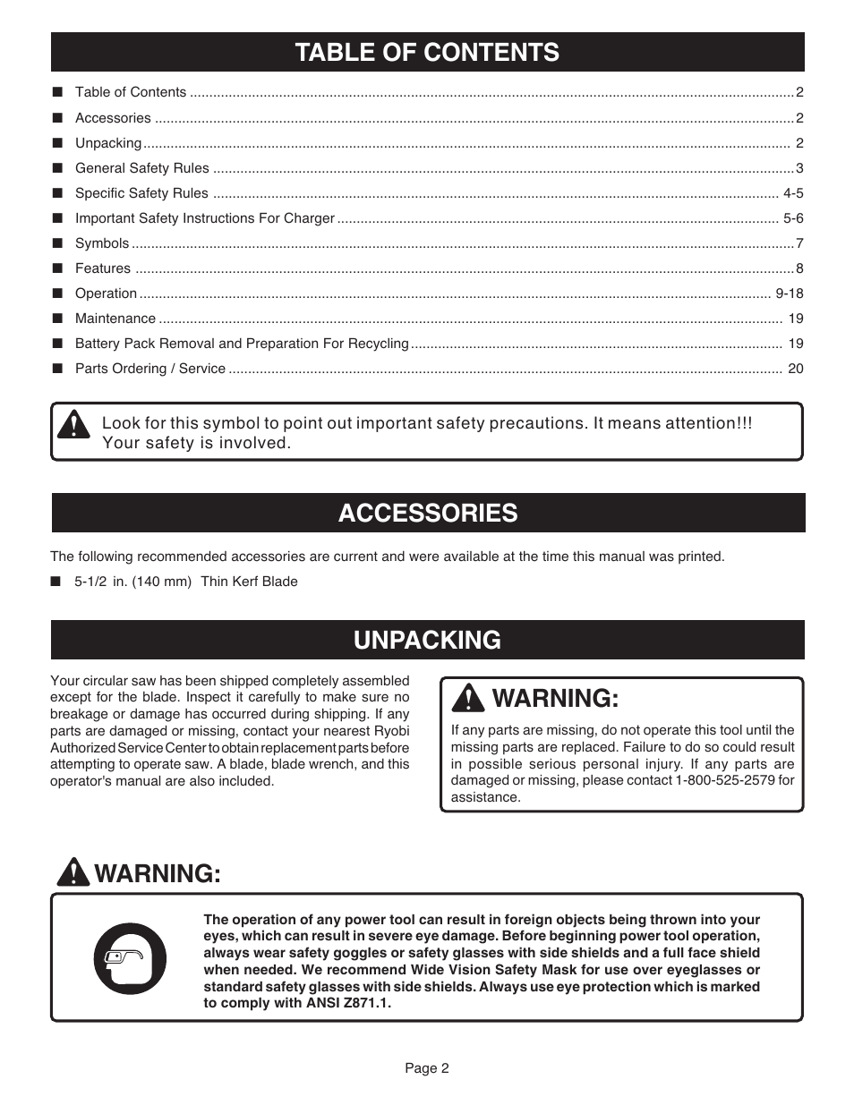 Warning, Table of contents accessories unpacking | Ryobi R10633 User Manual | Page 2 / 20