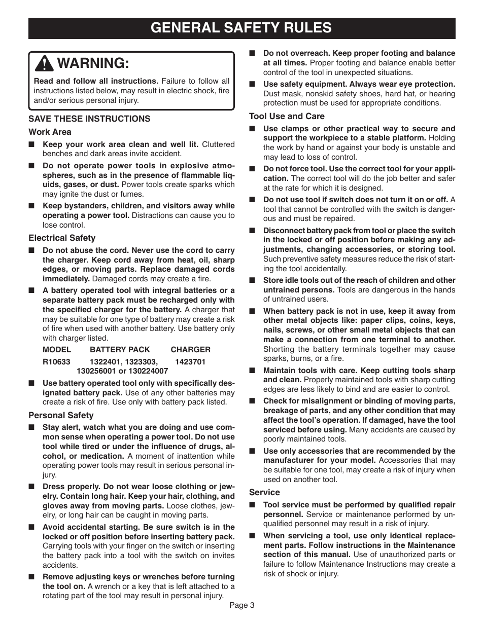 General safety rules warning | Ryobi R10633 User Manual | Page 3 / 20