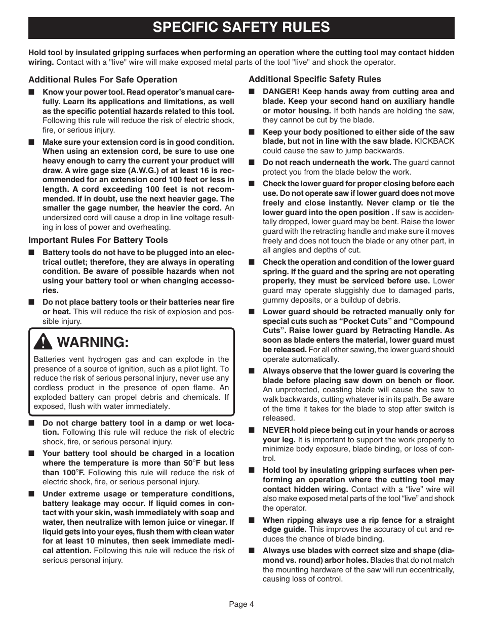 Specific safety rules, Warning | Ryobi R10633 User Manual | Page 4 / 20