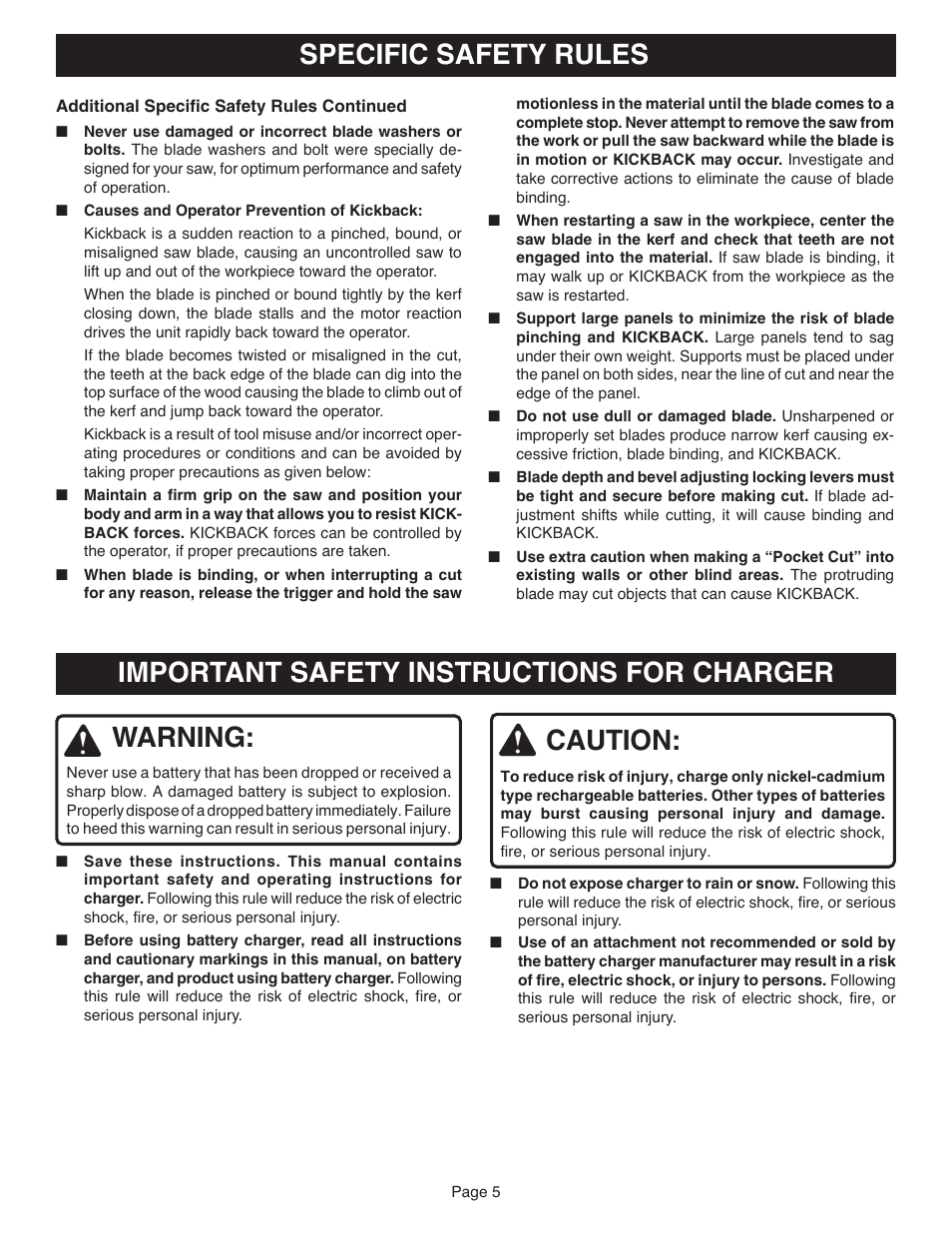 Specific safety rules, Important safety instructions for charger warning, Caution | Ryobi R10633 User Manual | Page 5 / 20