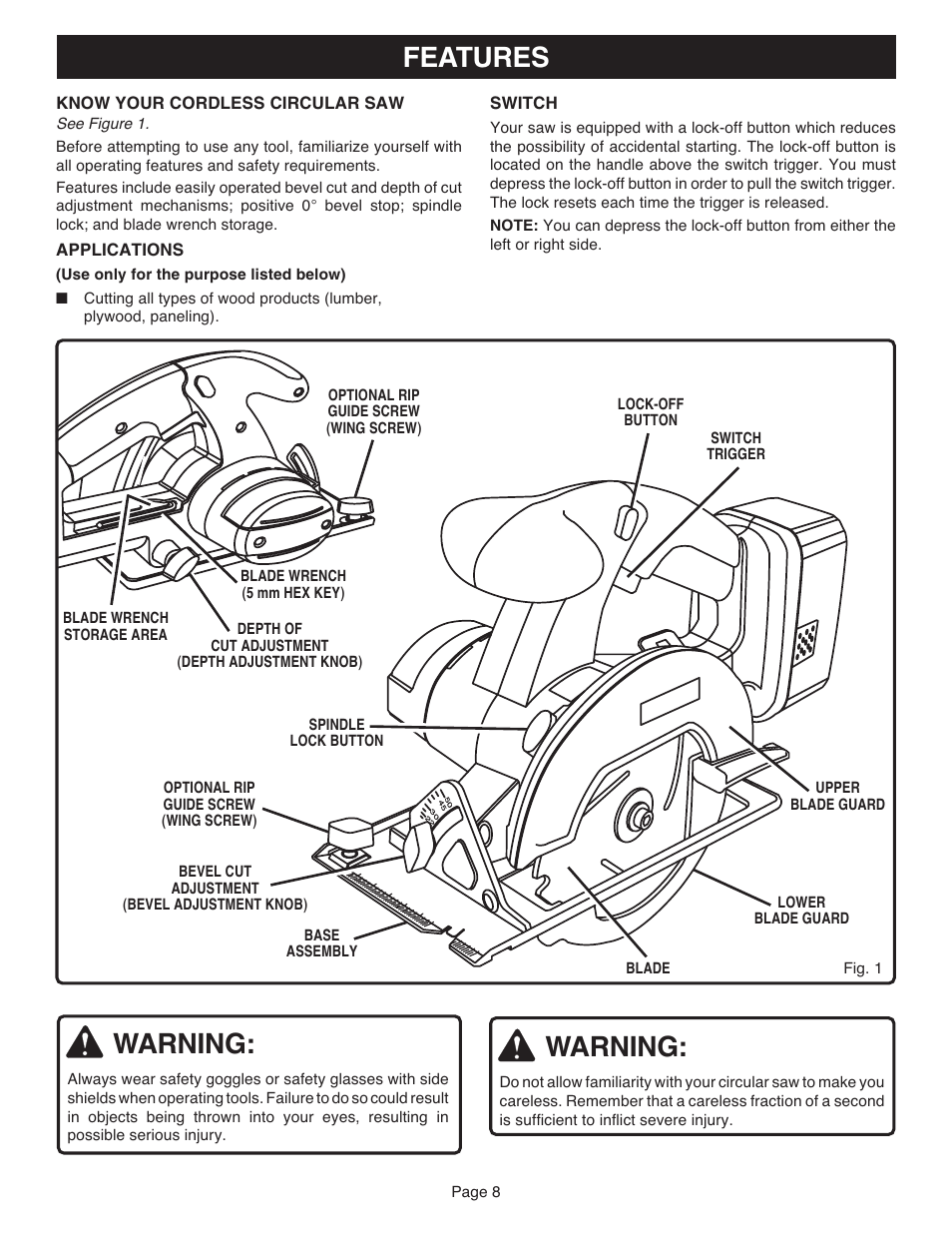 Warning, Features | Ryobi R10633 User Manual | Page 8 / 20