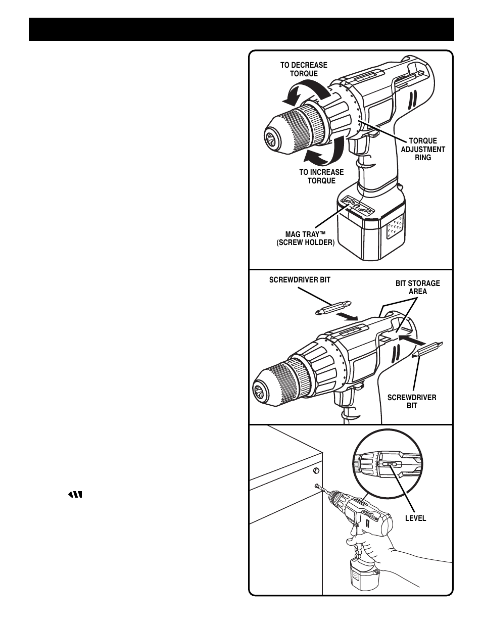 Operation, Removing bits, Mag tray | Screwdriving, Bit storage, Level drilling | Ryobi HP1201M User Manual | Page 10 / 14