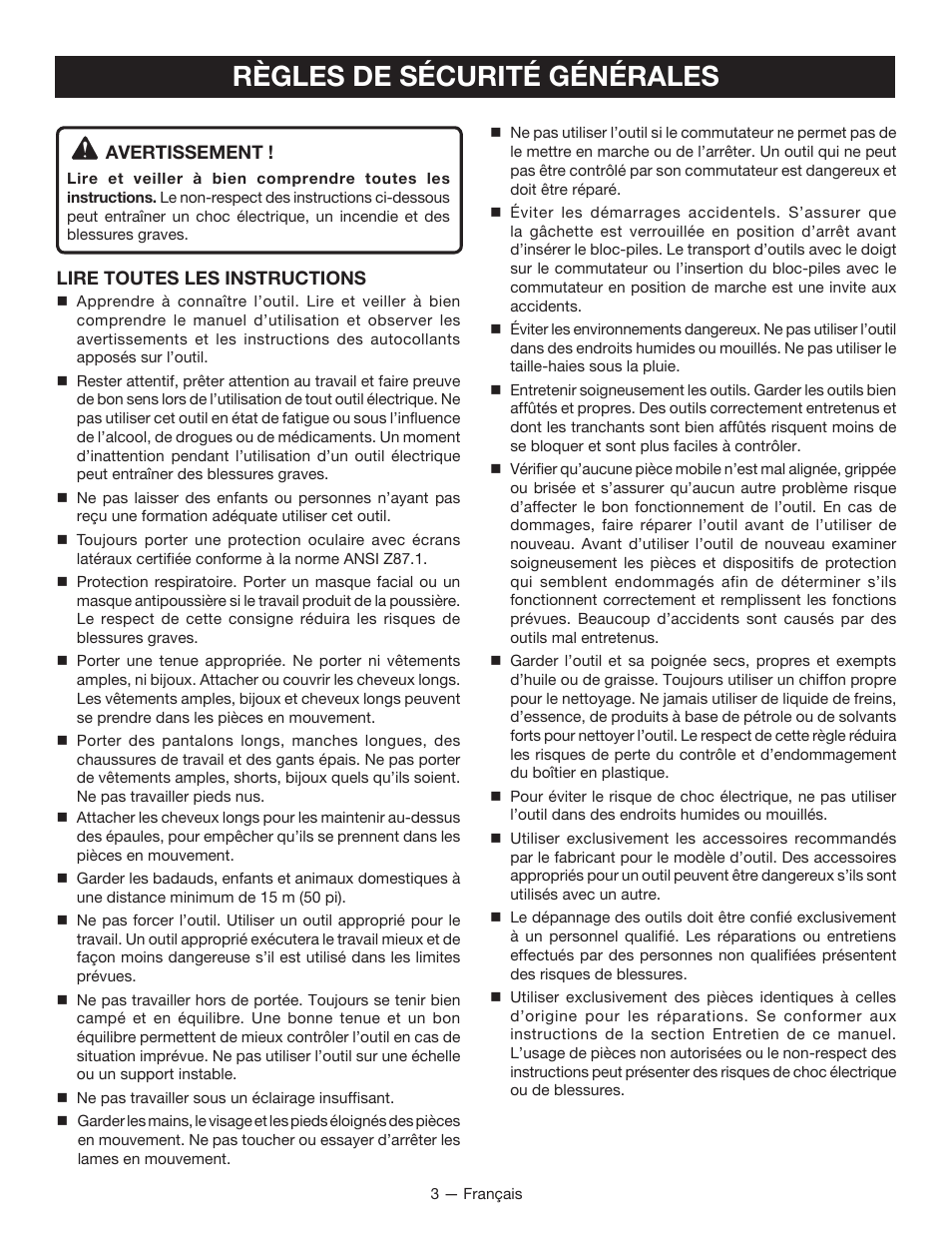 Règles de sécurité générales | Ryobi P2605 User Manual | Page 14 / 34