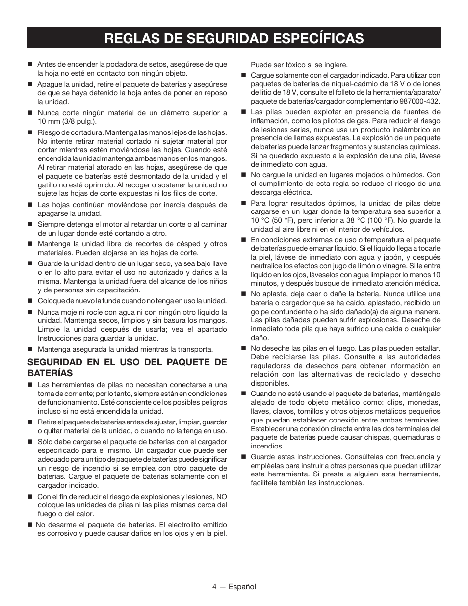 Reglas de seguridad específicas, Seguridad en el uso del paquete de baterías | Ryobi P2605 User Manual | Page 24 / 34