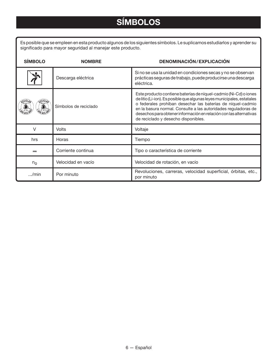 Símbolos | Ryobi P2605 User Manual | Page 26 / 34